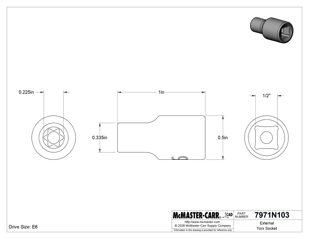 Technical Drawing of External Torx Socket, 1/4" Square Drive, E6 Drive Size.